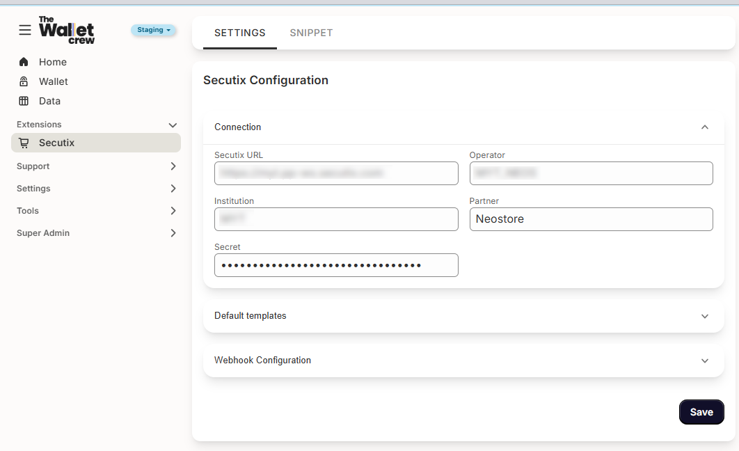 Secutix Wallet Crew Integration configuration screen