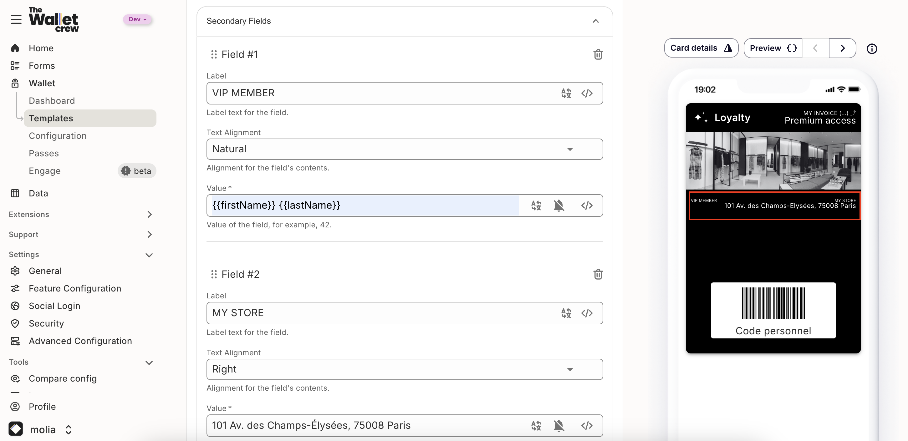 Template designer front fields