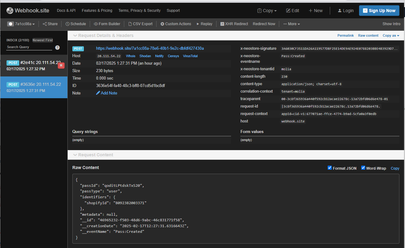 Webhook configuration screen showing event subscriptions and endpoint URL.
