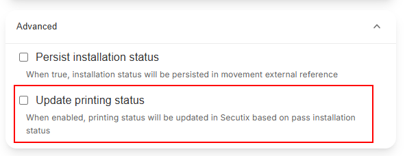 Update printing status option in the Secutix connector settings.