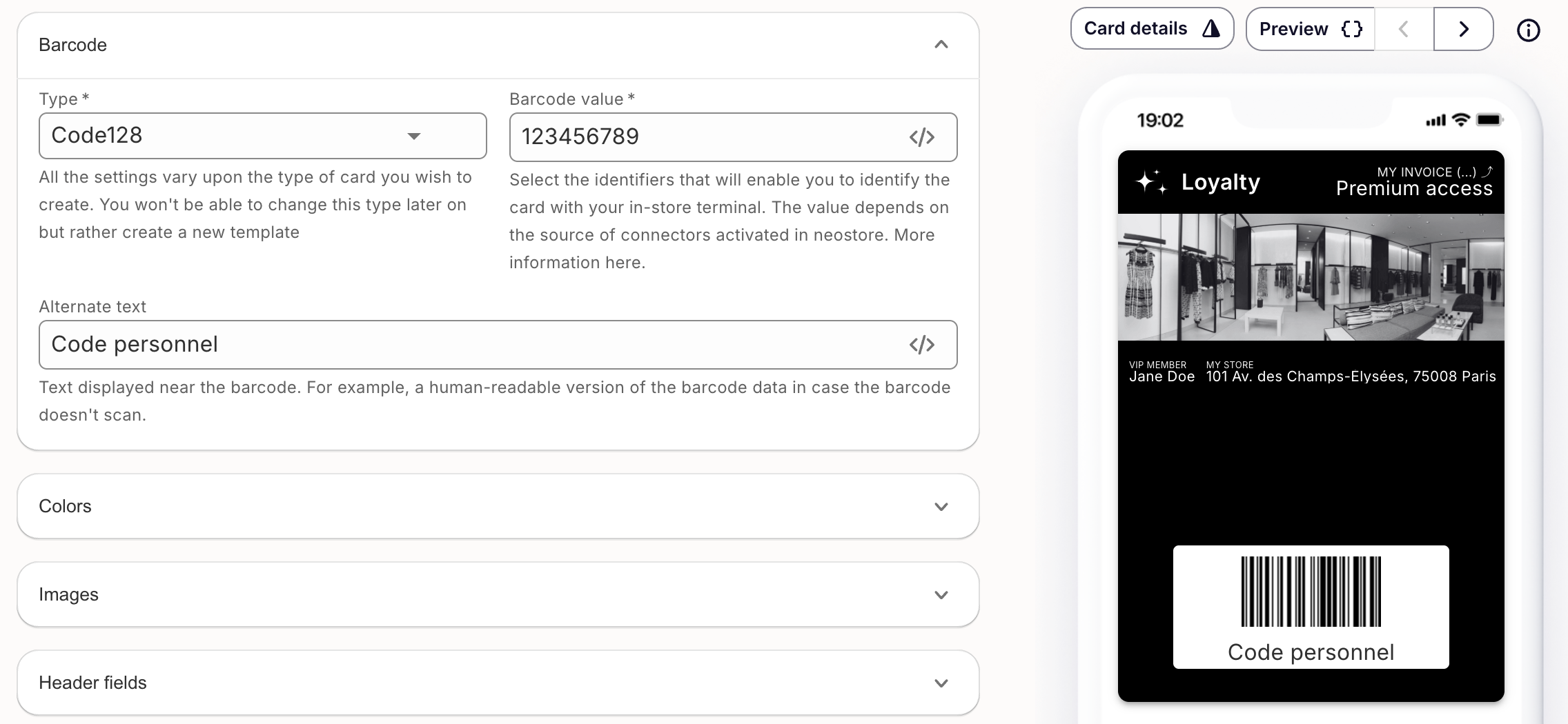Template designer barcode